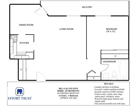 Floor plan for 1 bed, 1 bath, 660 sqft